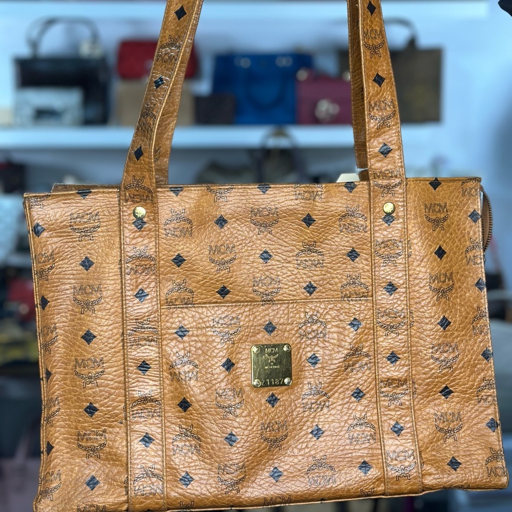 MCM Cognac Visetos Zip Top Tote